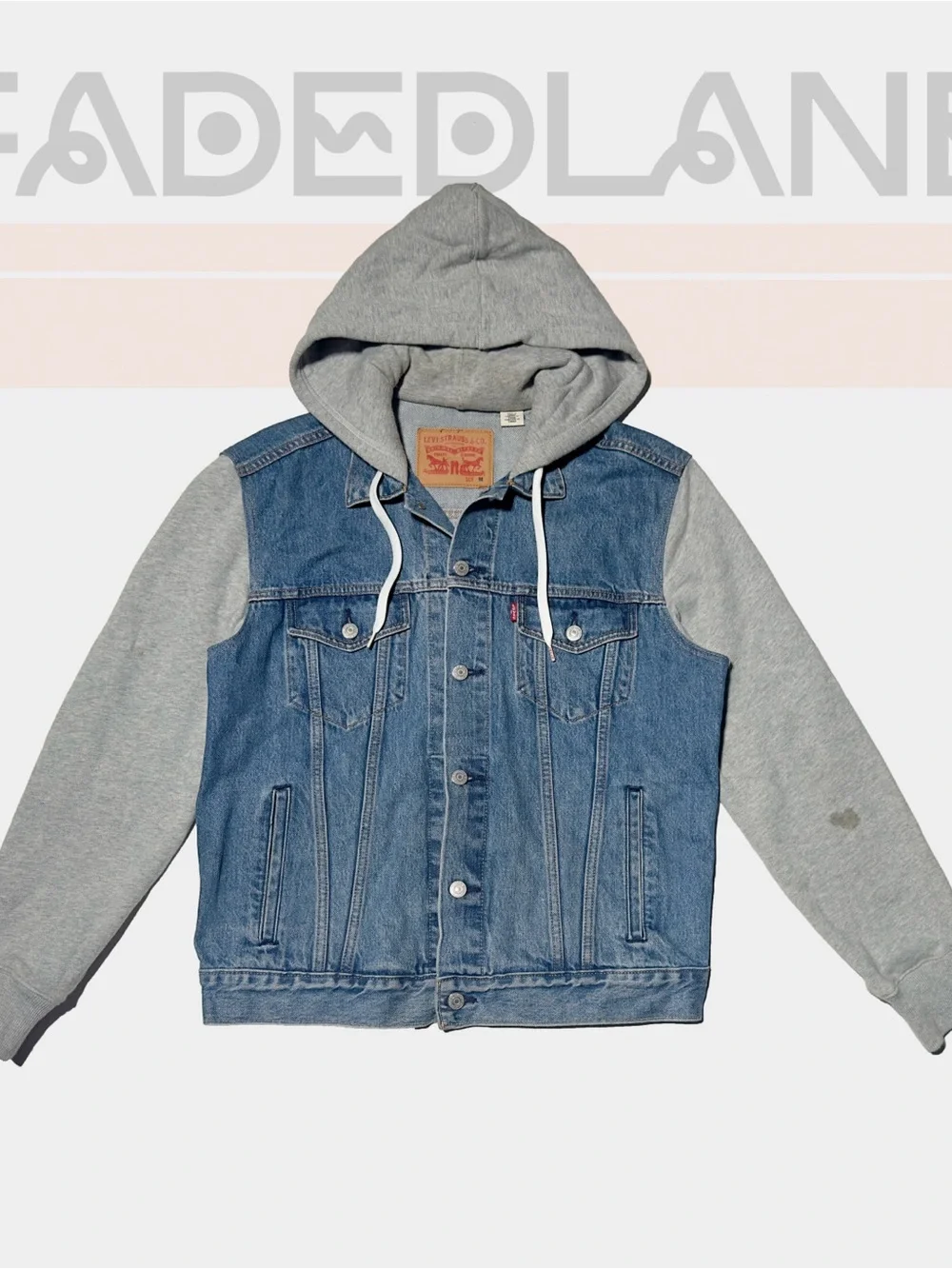Levi's Blue Denim Trucker Jacket with Grey Hoodie Sleeves
